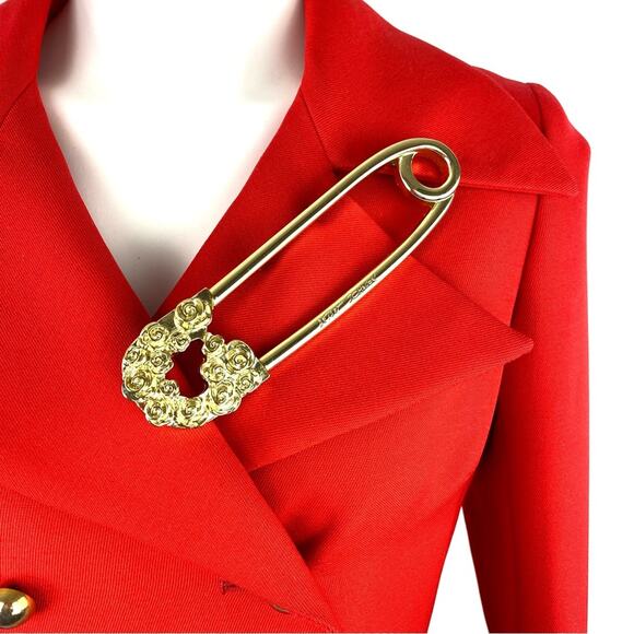 Vintage DEJAC PARIS Red Poplin Double Breasted Coat L + Betsey Johnson Pin - Picture 4 of 16